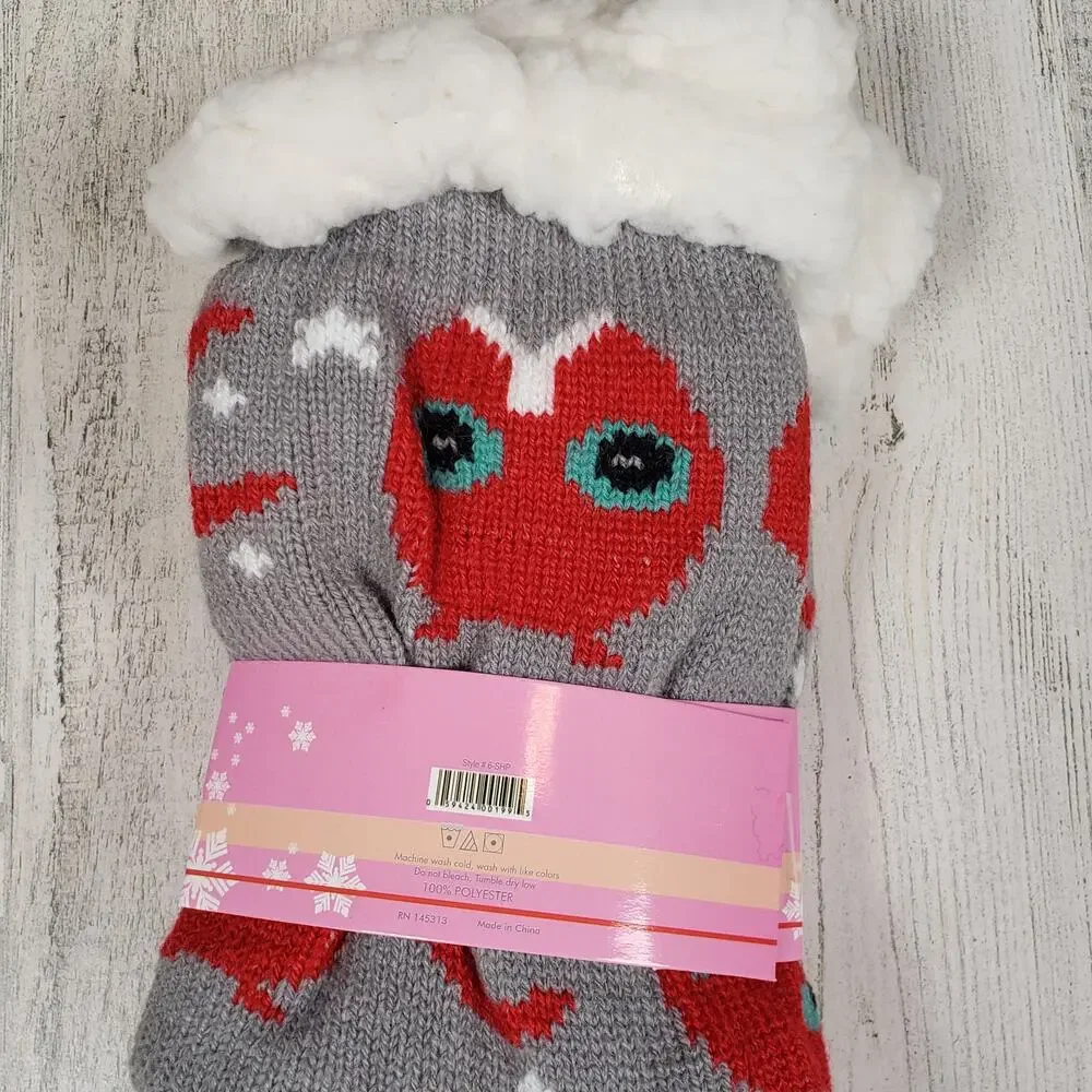 NWT Mari Clare Sherpa Lined Knit Winter Owl Moon Star No-Slip Slipper Socks